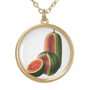 Vintage Watermelons Tall Round, Organic Food Fruit Gold Plated Necklace