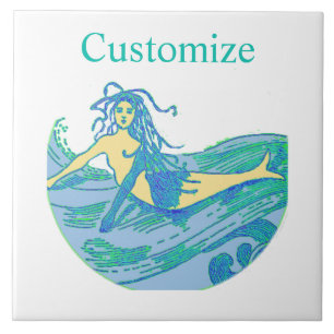 Vintage Waveriding Mermaid Thunder_Cove Ceramic Tile