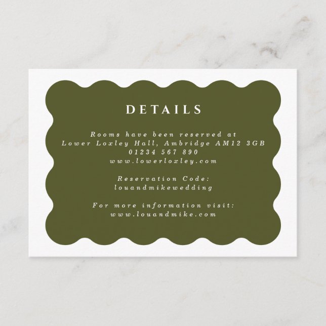 Vintage Wavy Green & White Wedding Details Enclosure Card (Front)