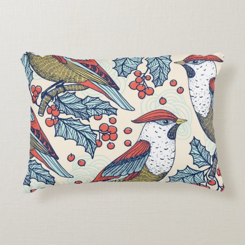 Vintage Waxwings Holly Christmas Pattern Accent Pillow