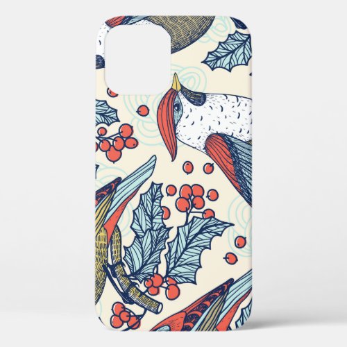 Vintage Waxwings Holly Christmas Pattern iPhone 12 Case