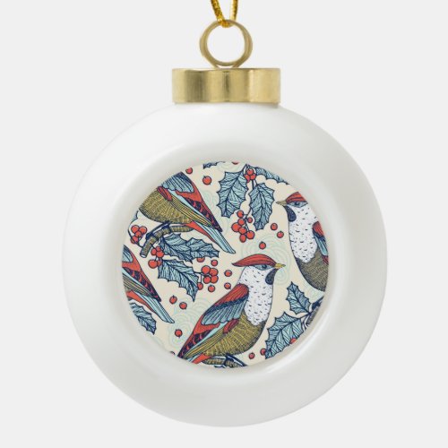 Vintage Waxwings Holly Christmas Pattern Ceramic Ball Christmas Ornament