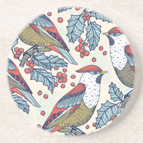 Vintage Waxwings Holly Christmas Pattern Coaster