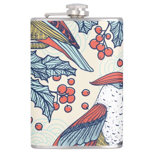 Vintage Waxwings Holly Christmas Pattern Flask
