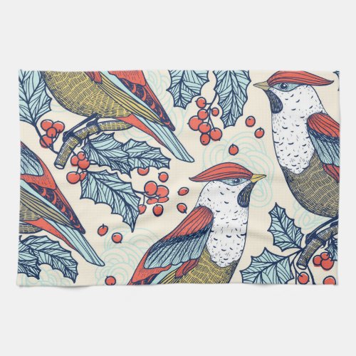 Vintage Waxwings Holly Christmas Pattern Kitchen Towel
