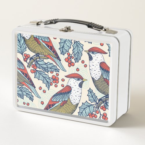 Vintage Waxwings Holly Christmas Pattern Metal Lunch Box