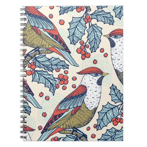 Vintage Waxwings Holly Christmas Pattern Notebook