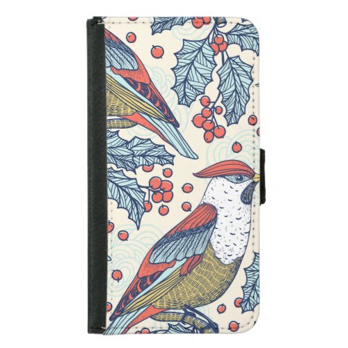 Vintage Waxwings Holly Christmas Pattern Samsung Galaxy S5 Wallet Case