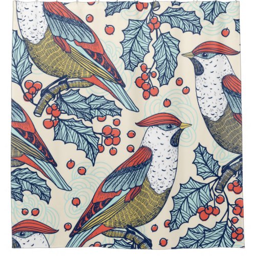 Vintage Waxwings Holly Christmas Pattern Shower Curtain