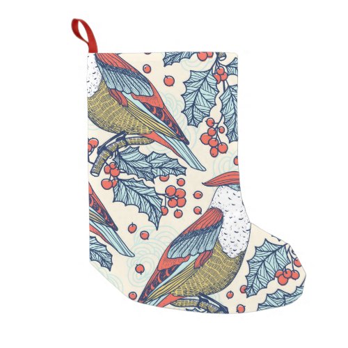 Vintage Waxwings Holly Christmas Pattern Small Christmas Stocking