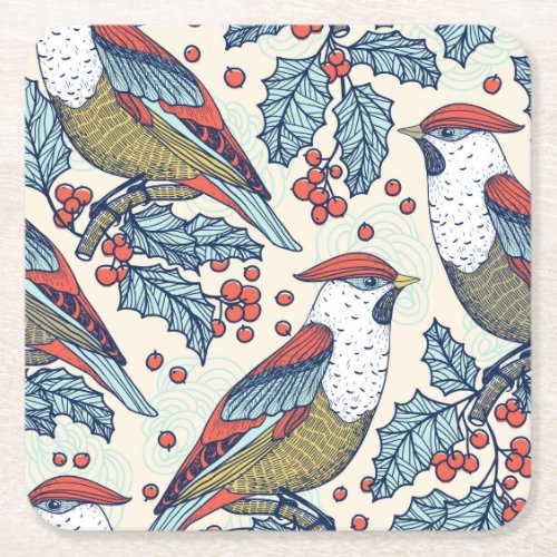 Vintage Waxwings Holly Christmas Pattern Square Paper Coaster