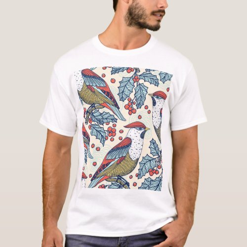 Vintage Waxwings Holly Christmas Pattern T_Shirt