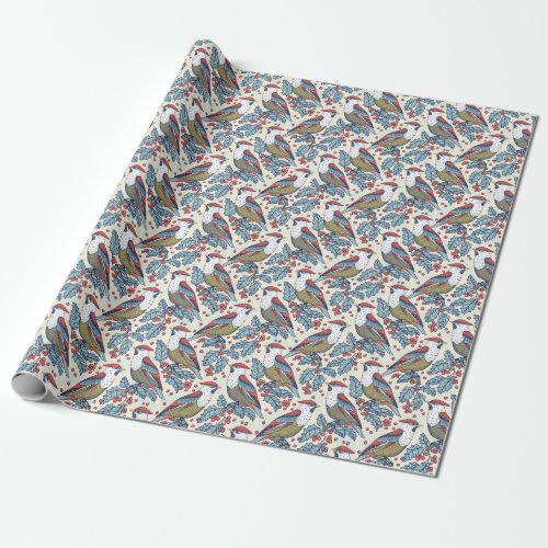 Vintage Waxwings Holly Christmas Pattern Wrapping Paper