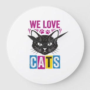 Vintage We Love Cats Cat Face Graphic T-Shirt Desi Large Clock