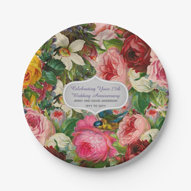 Vintage Wedding Anniversary ROSES - Commemorative Paper Plates (Front)