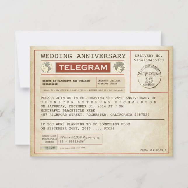 vintage wedding anniversary telegram invitation (Front)