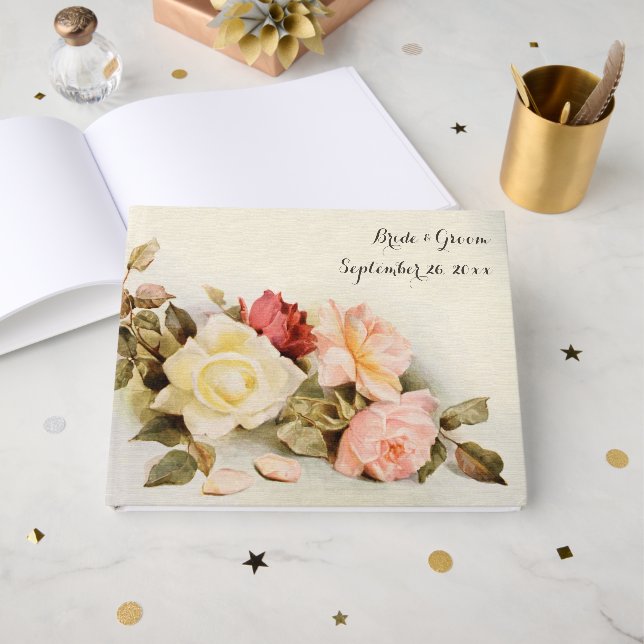 Vintage Wedding Antique Garden Rose Flowers Guest Book (Front Open)