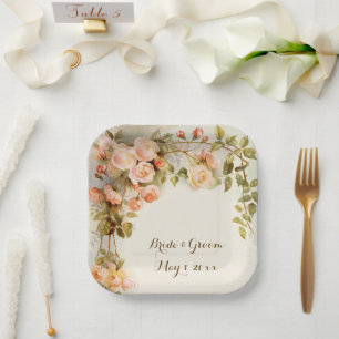 Vintage Wedding Antique Pink Rose Flower Paper Plates
