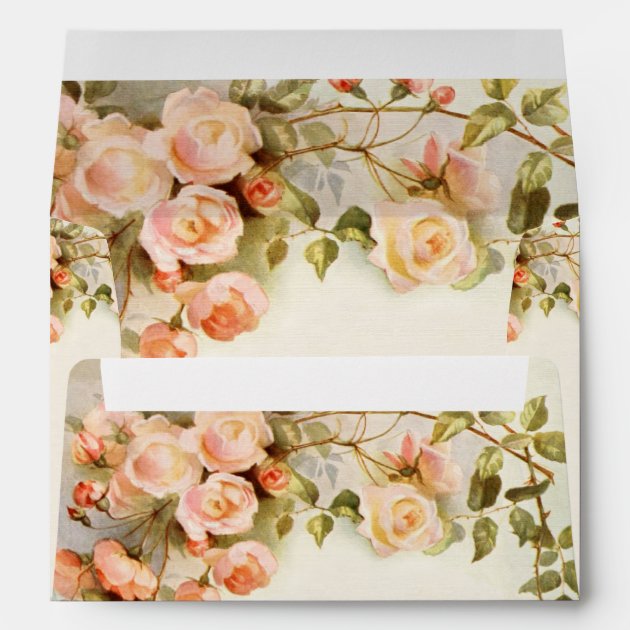 Vintage Wedding, Antique Pink Rose Flowers Floral Envelope