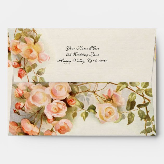 Vintage Wedding, Antique Pink Rose Flowers Floral Envelope