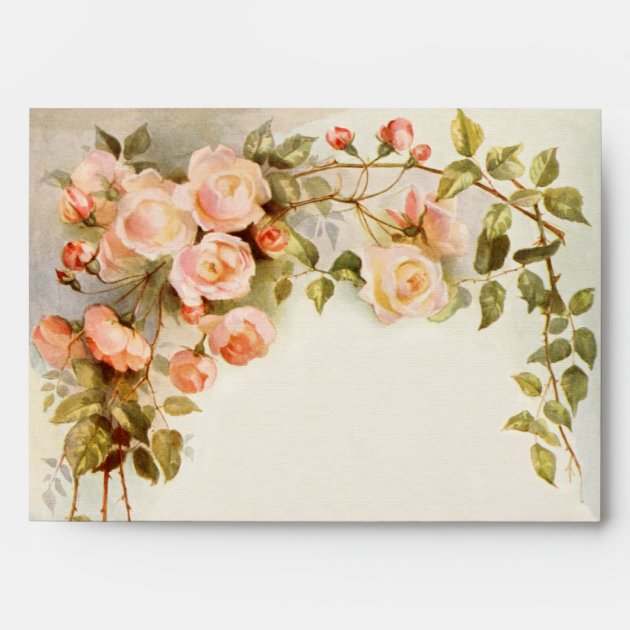 Vintage Wedding, Antique Pink Rose Flowers Floral Envelope