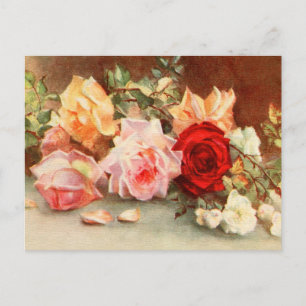 Vintage Wedding, Antique Roses Flowers Still Life Announcement Postcard