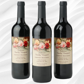 Vintage Wedding  Antique Roses Flowers Still Life Wine Label by InvitationCafe at Zazzle