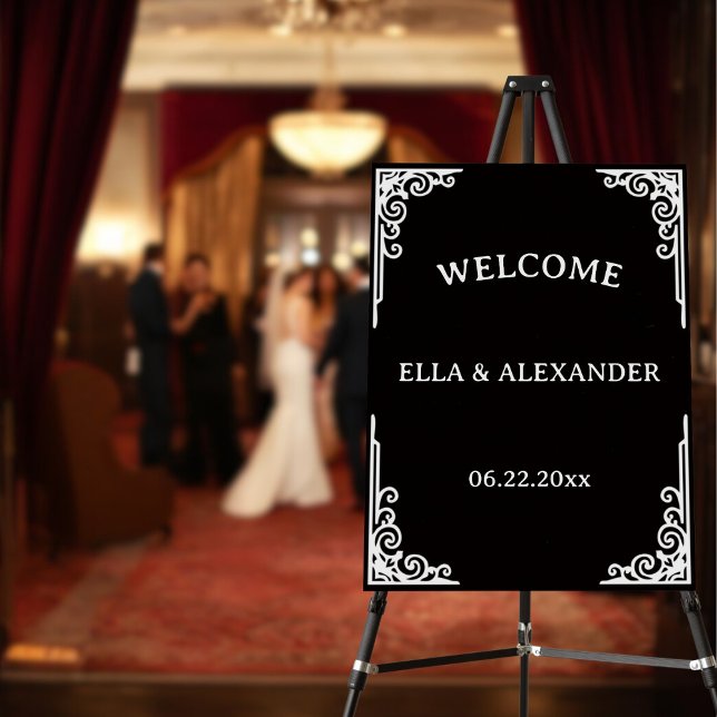 Vintage Wedding Black Welcome Sign (Classic Movie Frame Wedding Black Welcome Sign - white on black)