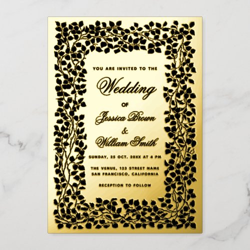 Vintage Wedding Botanical Foliage Frame Black Gold Foil Invitation