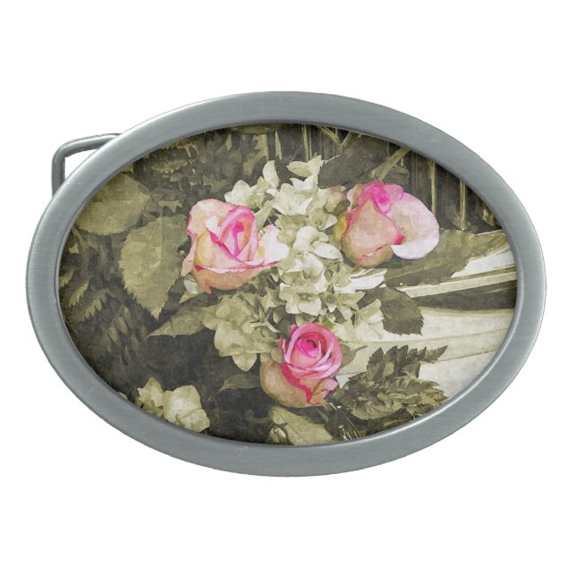 Vintage Wedding Bouquet Oval Belt Buckle (Front)