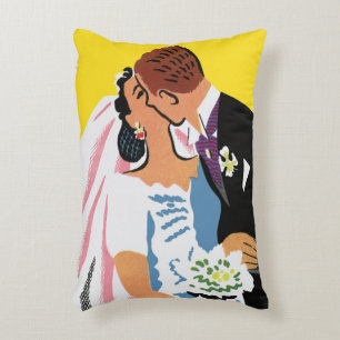 Vintage Wedding, Bride and Groom Newlyweds Kissing Accent Pillow