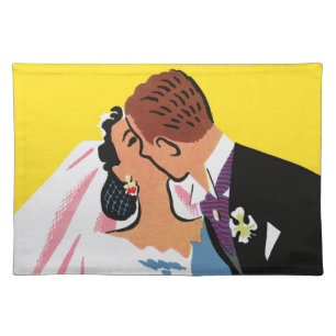 Vintage Wedding, Bride and Groom Newlyweds Kissing Cloth Placemat