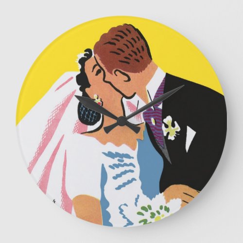 Vintage Wedding Bride and Groom Newlyweds Kissing Large Clock