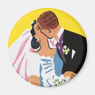 Vintage Wedding, Bride and Groom Newlyweds Kissing Magnet