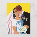 Vintage Wedding, Bride and Groom Newlyweds Kissing Postcard<br><div class="desc">You may now kiss the bride! Vintage illustration wedding design featuring bride and groom lovers kissing at their marriage ceremony. The handsome Irish man with ginger hair is wearing a tuxedo and the beautiful woman is wearing a traditional wedding gown, with a veil and holding a bouquet of garden flowers....</div>