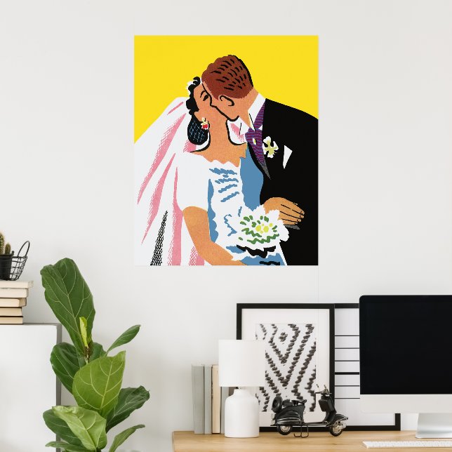 Vintage Wedding, Bride and Groom Newlyweds Kissing Poster (Home Office)