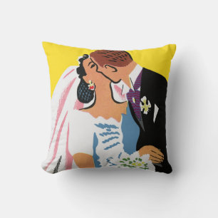 Vintage Wedding, Bride and Groom Newlyweds Kissing Throw Pillow