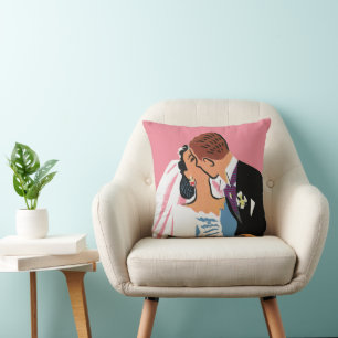 Vintage Wedding, Bride and Groom Newlyweds Kissing Throw Pillow