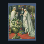 Vintage Wedding, Bride and Groom Save the Date Announcement Postcard<br><div class="desc">Vintage illustration love and romance wedding ceremony image featuring a couple getting married in a beautiful synagogue with stained glass windows,  flowers and a seven branch menorah. The bride is wearing a long white wedding gown and the groom is handsome in his tuxedo.</div>