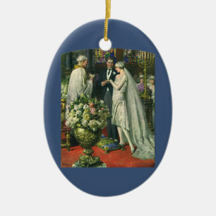 Vintage Wedding, Bride and Groom with Menorah Ceramic Ornament