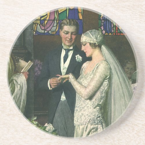 Vintage Wedding Bride and Groom with Menorah Coaster