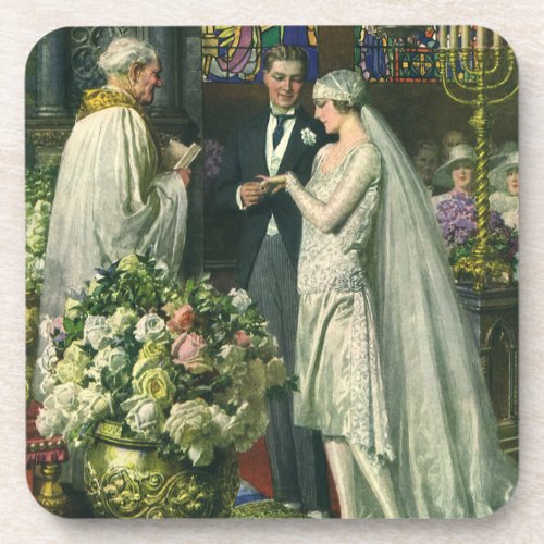 Vintage Wedding Bride and Groom with Menorah Drink Coaster