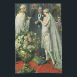 Vintage Wedding, Bride and Groom with Menorah Kitchen Towel<br><div class="desc">Vintage illustration love and romance wedding ceremony image featuring a couple getting married in a beautiful synagogue with stained glass windows,  flowers and a seven branch menorah. The bride is wearing a long white wedding gown and the groom is handsome in his tuxedo.</div>