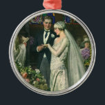 Vintage Wedding, Bride and Groom with Menorah Metal Ornament<br><div class="desc">Vintage illustration love and romance wedding ceremony image featuring a couple getting married in a beautiful synagogue with stained glass windows,  flowers and a seven branch menorah. The bride is wearing a long white wedding gown and the groom is handsome in his tuxedo.</div>