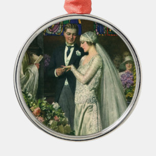 Vintage Wedding, Bride and Groom with Menorah Metal Ornament