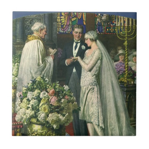 Vintage Wedding Bride and Groom with Menorah Tile