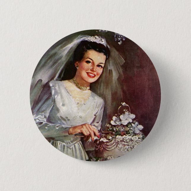 Vintage Wedding, Bride Cutting the Wedding Cake Button (Front)