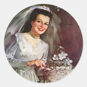 Vintage Wedding, Bride Cutting the Wedding Cake Classic Round Sticker