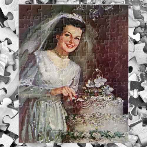 Vintage Wedding Bride Cutting the Wedding Cake Jigsaw Puzzle