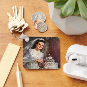 Vintage Wedding, Bride Cutting the Wedding Cake Keychain